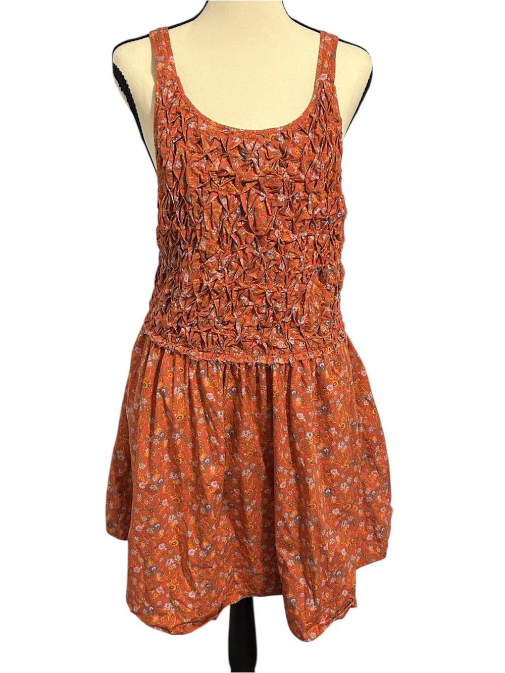 Free People Petunia Mini Dress in Poppy Combo Sz M Summer Boho Cotton Smocked